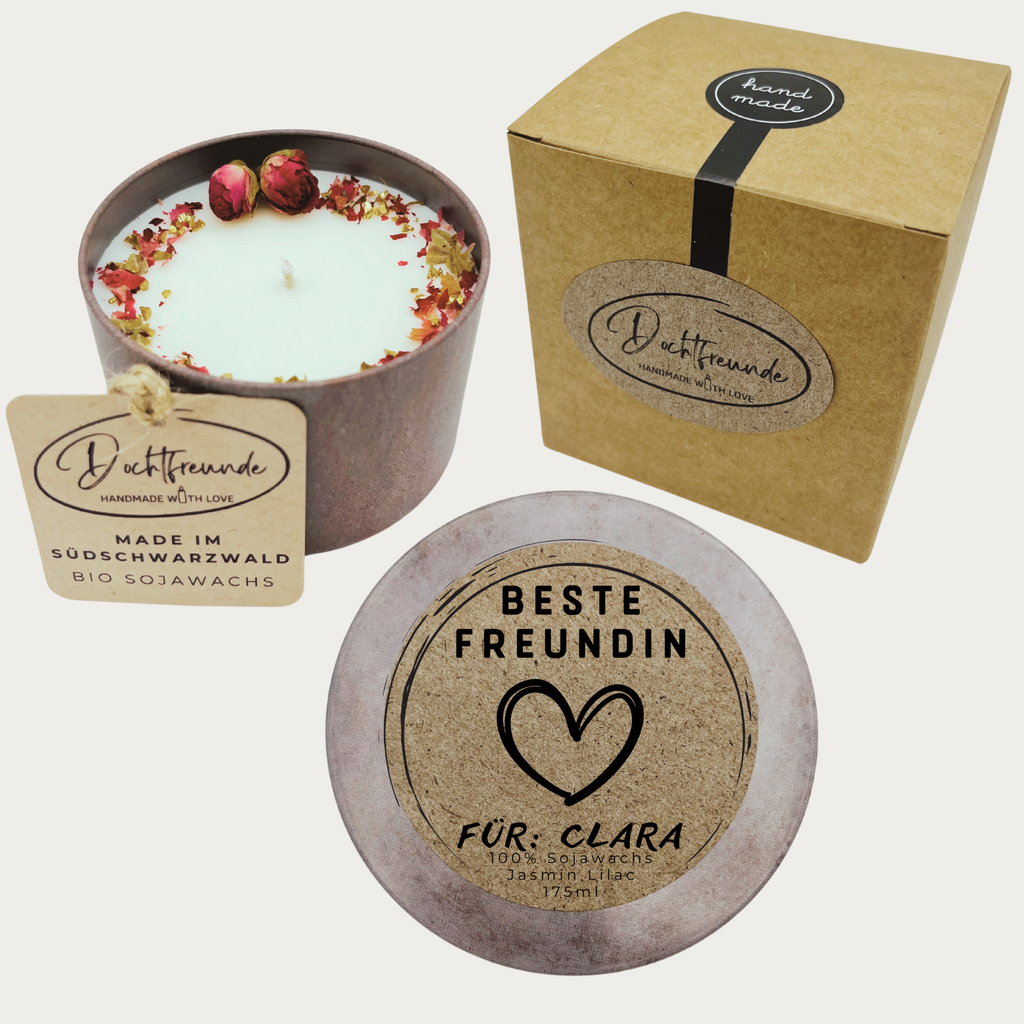 Personalisierte Kerze Beste Freundin | Geschenk mit Name & Symbol | Handmade Sojawachs 175ml | DochtFreunde