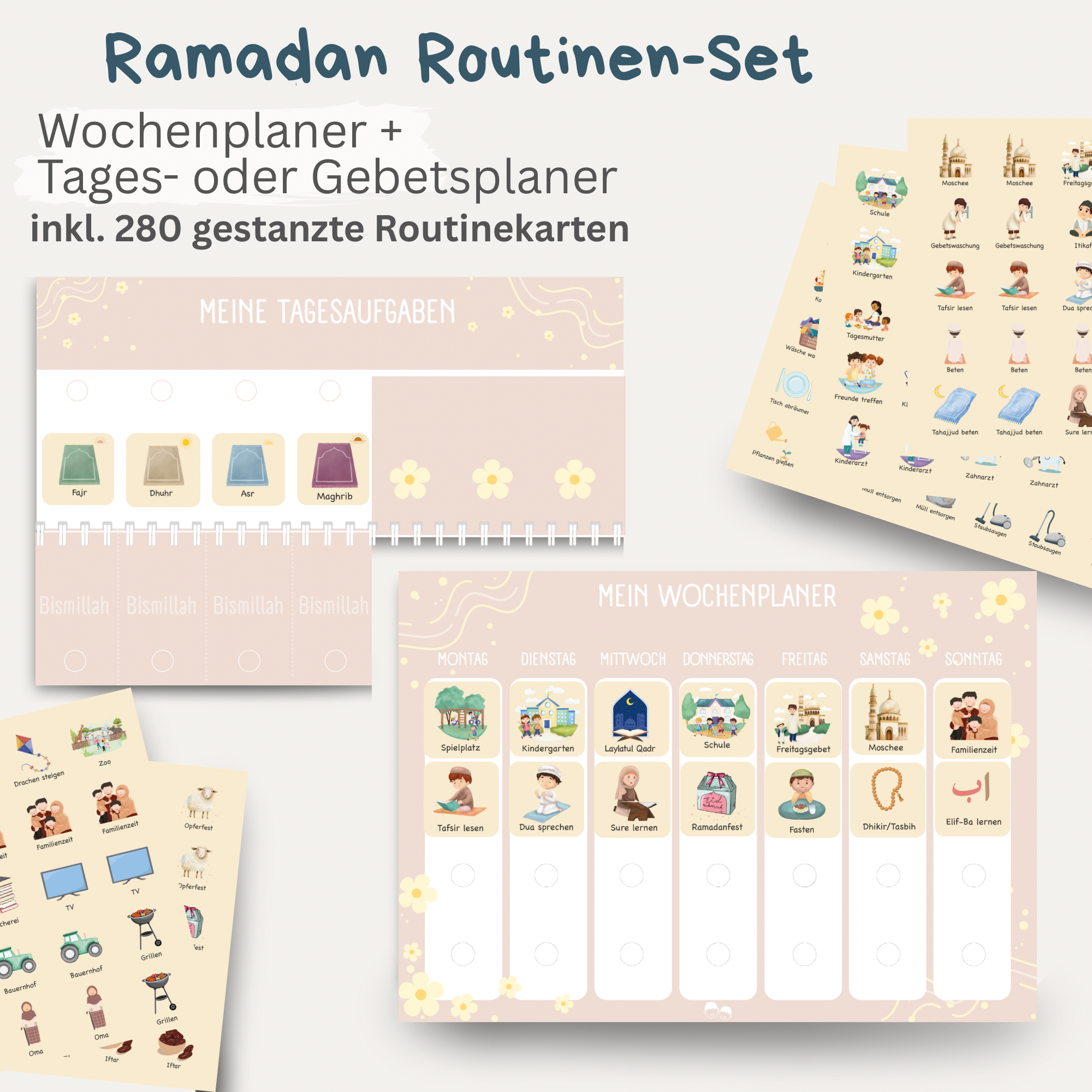 Ramadan Wochen- & Tagesplaner Bundle Kinder mit 280 Klett-Routinekarten | Islamisches Aktivitäts-Set | BLÜTENZEIT