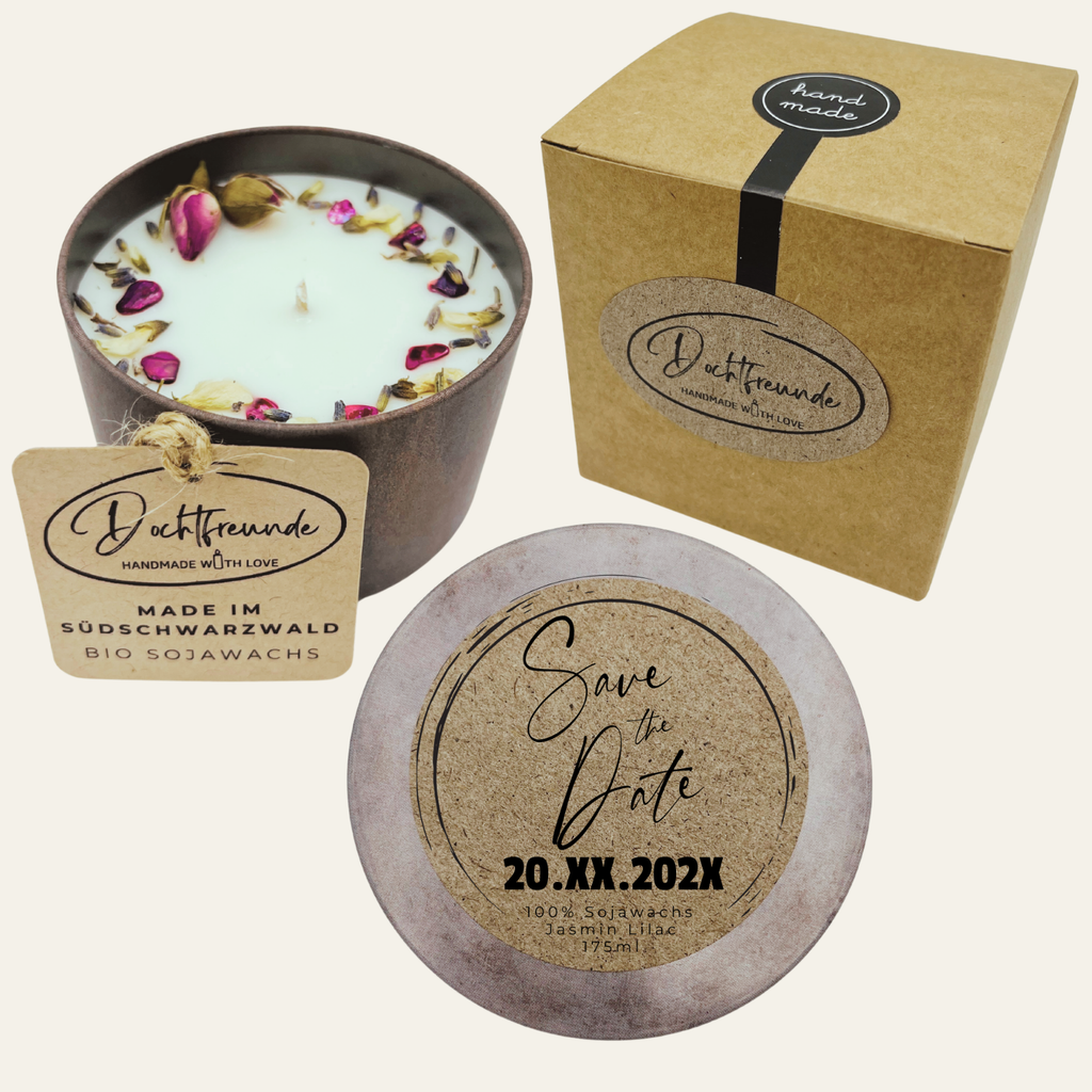 Handgemachte Duftkerze „Save The Date“ – Personalisierbares Geschenk für unvergessliche Moment