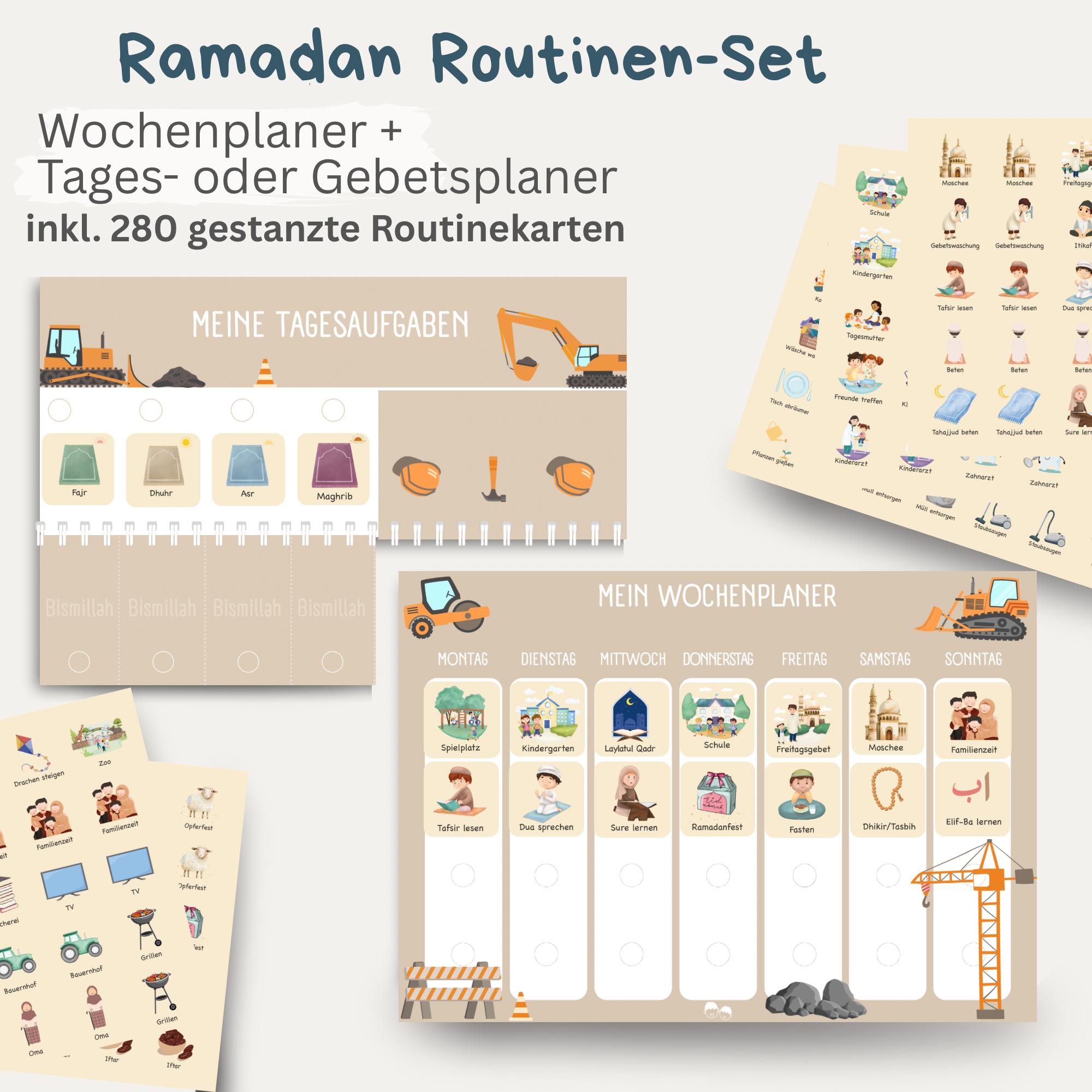 Ramadan Wochen- & Tagesplaner Bundle Kinder mit 280 Klett-Routinekarten | Islamisches Aktivitäts-Set | BAGGER
