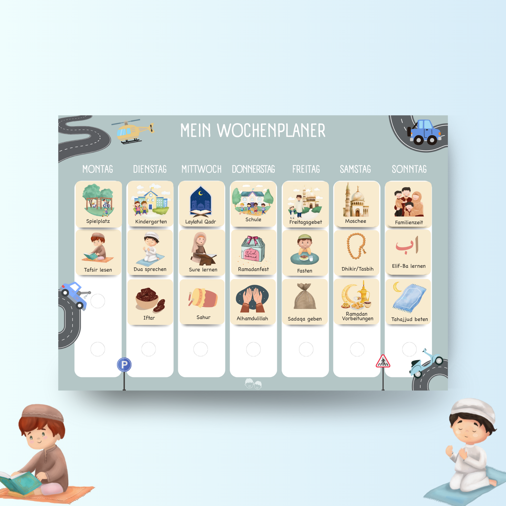 Ramadan Wochen- & Tagesplaner Bundle Kinder mit 280 Klett-Routinekarten | Islamisches Aktivitäts-Set | AUTOS