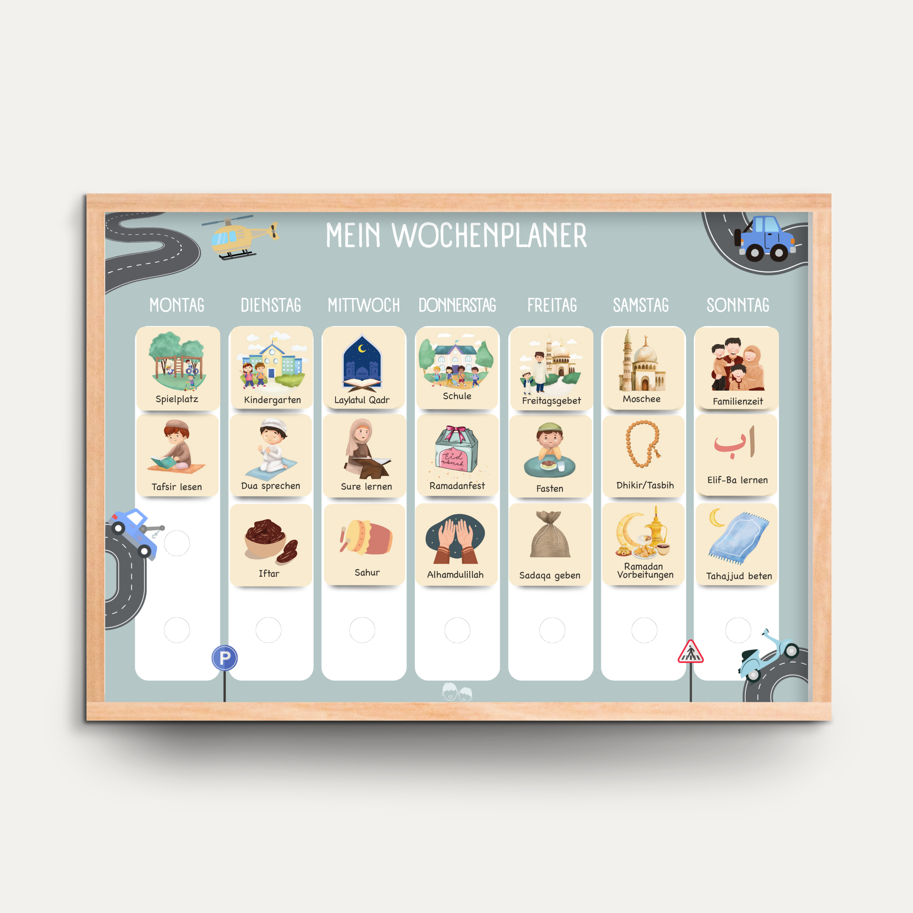 Ramadan Wochen- & Tagesplaner Bundle Kinder mit 280 Klett-Routinekarten | Islamisches Aktivitäts-Set | AUTOS